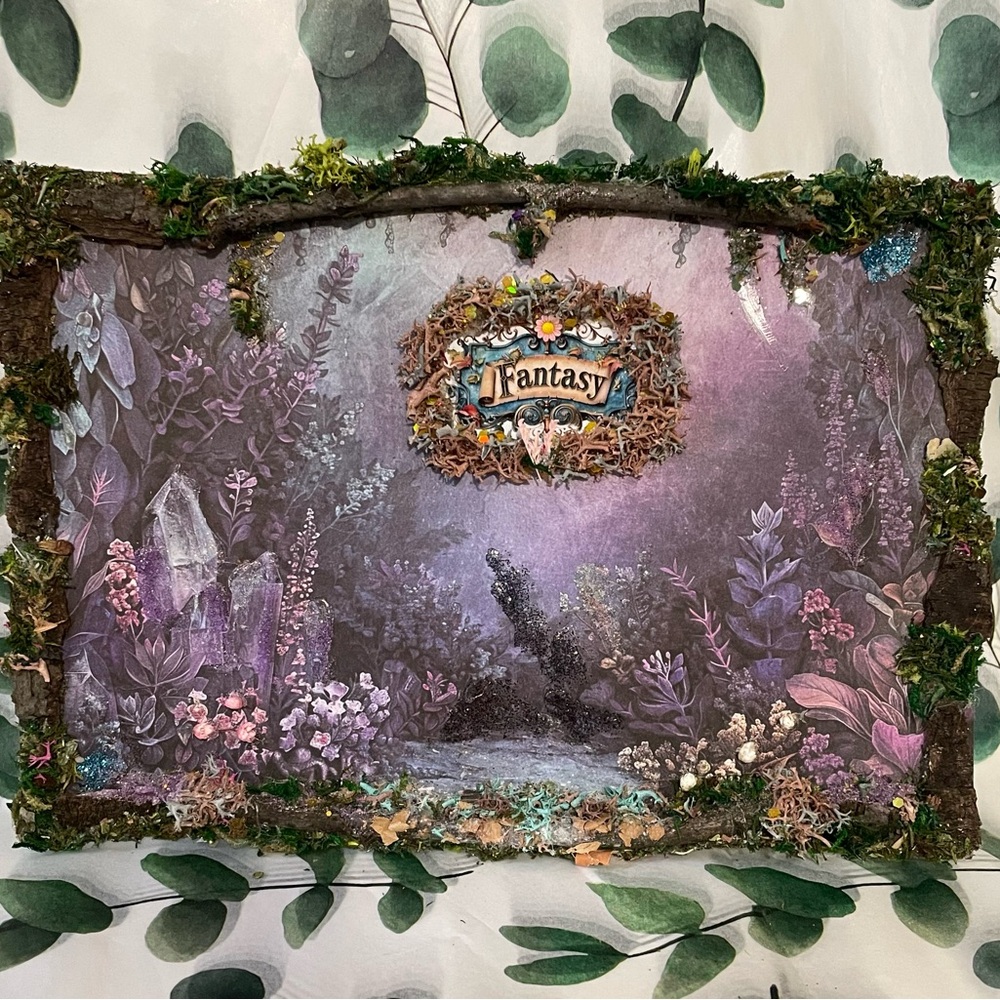 Fantasy Themed Wall Art with Purple and Green moss handcrafted wall hanging